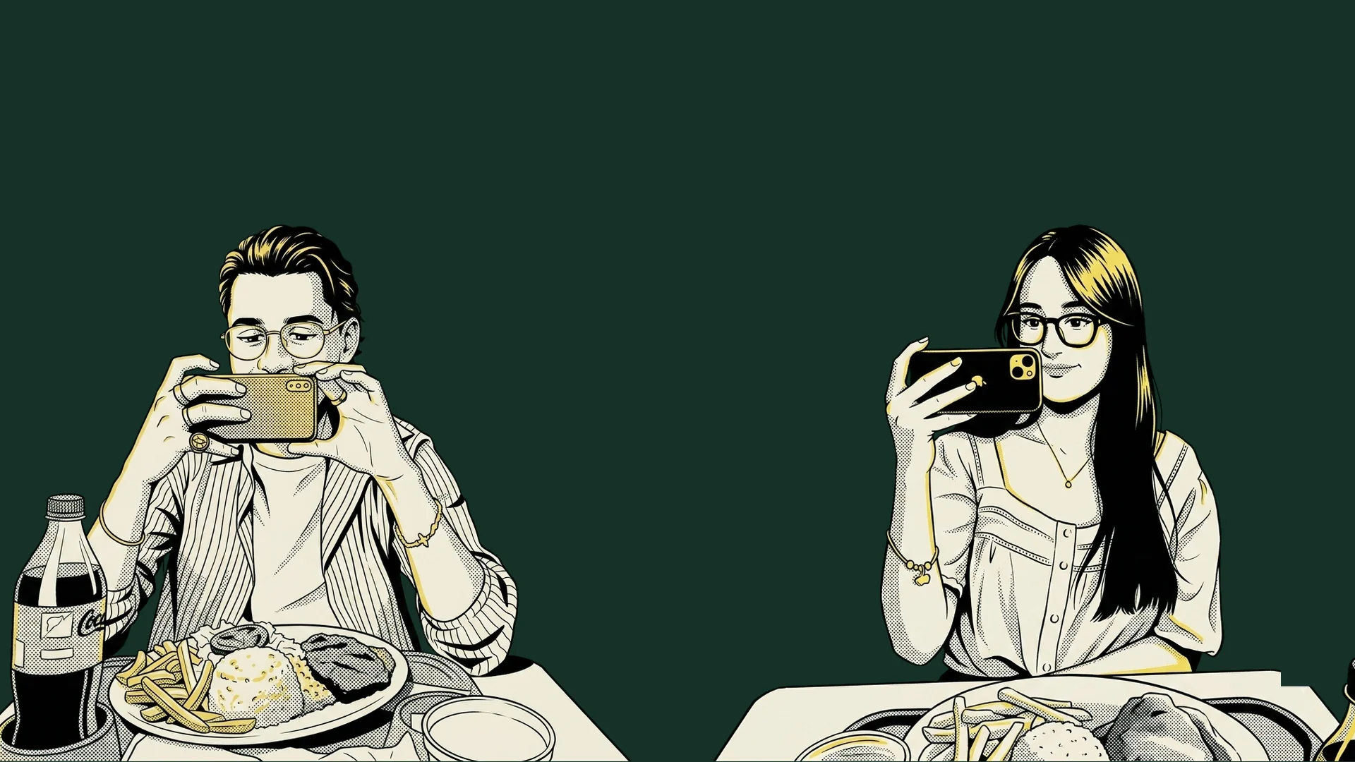 Ilustração de Jota e Bia sentados à mesa de um restaurante, um de cada lado, cada um fotografando o próprio prato com o celular