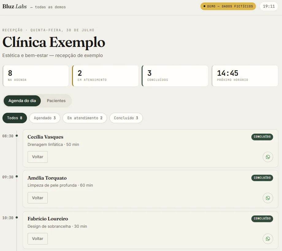Prévia da agenda da clínica Bluz Labs